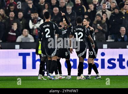 Londra, Regno Unito. 30 novembre 2024. OBIETTIVO. Durante la partita di Premier League tra West Ham e Arsenal al London Stadium Stratford. Questa immagine è SOLO per USO EDITORIALE. Licenza richiesta da Football DataCo per qualsiasi altro utilizzo. Crediti: MARTIN DALTON/Alamy Live News Foto Stock