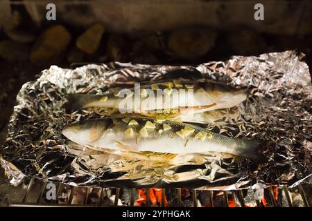 Due spigole su foglio, condite con aglio e rosmarino, giacciono su una tradizionale griglia italiana. Aglio, rosmarino e burro riempiono la cavità del pesce, AN Foto Stock