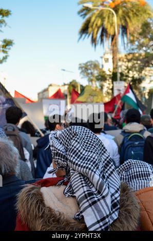 Tunisi, Tunisia. 30 novembre 2024. Tunisi, Tunisia. 30 novembre 2024. Nella capitale tunisina si svolge una manifestazione di protesta contro la guerra israeliana a Gaza e gli attacchi israeliani in corso in Libano nonostante il recente cessate il fuoco. I manifestanti hanno sollevato simboli della resistenza palestinese e libanese chiedendo un embargo sulle armi contro Israele e l'arresto del primo ministro israeliano Netanyahu (immagine di credito: © Hasan mrad/IMAGESLIVE tramite ZUMA Press Wire) SOLO USO EDITORIALE! Non per USO commerciale! Crediti: ZUMA Press, Inc./Alamy Live News Foto Stock