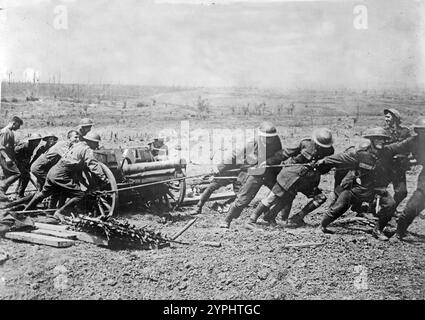Truppe britanniche e una pistola tedesca catturata nei pressi di Wytschaete, soldati britannici con un cannone tedesco catturato (7,7 cm FK 96 n.. A) vicino a Wytschaete (Wijtschate), Belgio, 1917, durante la battaglia di Messines durante la prima guerra mondiale Foto Stock