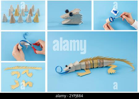 guida passo-passo per creare un'iguana utilizzando materiali riciclati, in particolare cartoni e cartone per uova. Il processo prevede il taglio e il pai Foto Stock