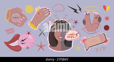 Set di adesivi in stile pop art retrò a colori e mezzitoni, simboli alla moda y2k di menzogna e notizie false, segni psichedelici con stampa e effetto carta strappata, 90 gr Illustrazione Vettoriale
