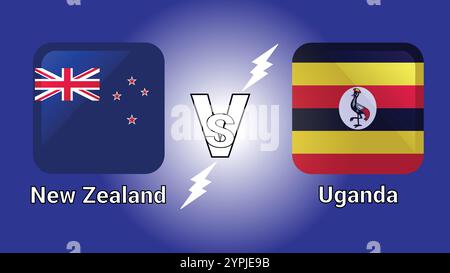 Bandiere vettoriali New Zealand vs Uganda 3D Illustration in rettangolo ombreggiato e arrotondato con Flash vs Match Illustrazione Vettoriale