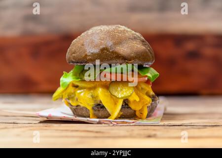 Panino rustico tradizionale con formaggio cheddar, verdure e pane australiano in una fotografia creativa e in un ambiente accogliente Foto Stock