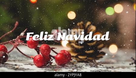 Immagine del testo di feliz navidad sulla neve che cade con decorazioni natalizie Foto Stock