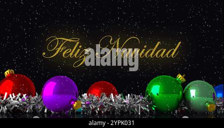 Immagine del testo di feliz navidad su baubles e sfondo che cade sulla neve Foto Stock