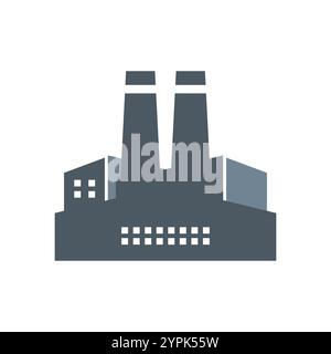 Icona monocromatica della fabbrica con un edificio centrale, tetto triangolare, finestre e un camino alto, che simboleggia l'industria e la produzione Illustrazione Vettoriale
