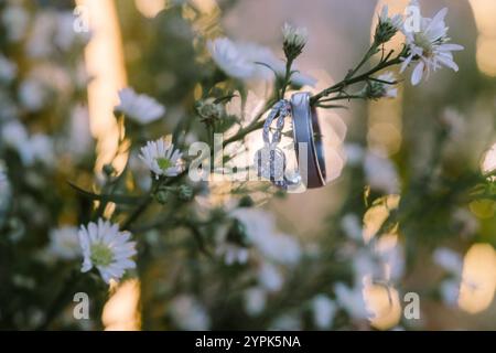 Una fede nuziale delicatamente collocata all'interno di un piccolo stelo di fiori, creando una presentazione unica e romantica per matrimoni o temi di fidanzamento. Foto Stock