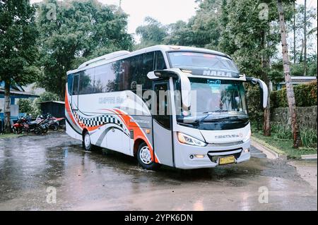 Bogor, 18 novembre 2024. Un autobus rosso entra nell'area parcheggio di una villa, circondato da vegetazione lussureggiante e dintorni panoramici Foto Stock