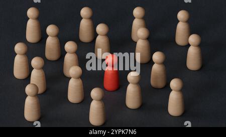 Concetto di discriminazione e inclusione. Le statuette in legno circondavano il rendering rosso.3D su sfondo nero. Foto Stock
