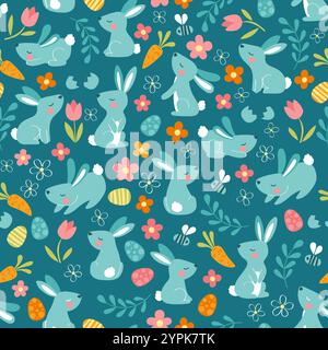 Grazioso motivo pasquale senza cuciture. Elementi vettoriali disegnati a mano coniglio, fiori, uova di pasqua Illustrazione Vettoriale