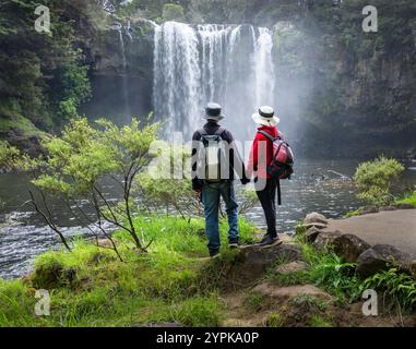 Coppia che si tiene per mano e si gode la vista delle Rainbow Falls sul fiume Kerikeri. Northland. Nuova Zelanda. Foto Stock
