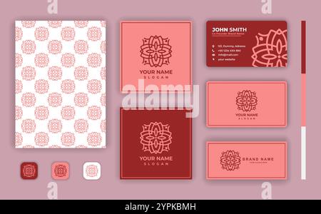 Logo Mandala di lusso con set di cancelleria per biglietti da visita, colorate decorazioni arabesche floreali Illustrazione Vettoriale