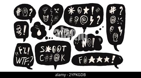 Bolle di voce con parole giurate. Testo per i doodle del pastello maledetto. Espressione di un linguaggio forte nelle finestre di dialogo di chat. Parolacce aggressive isolate su sfondo bianco. Segni di rabbia. Illustrazione vettoriale Illustrazione Vettoriale