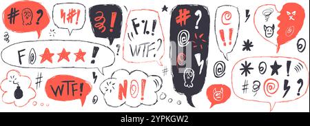 Emozione negativa. Bolle di voce con parole giurate. Maledizione del pastello comico con testo doodle. Espressione errata nelle finestre di dialogo della chat. Parole grezze aggressive iso Illustrazione Vettoriale