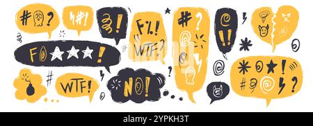 Emozione negativa. Bolle di voce con parole giurate. Testo per i doodle del pastello maledetto. Espressione errata nelle finestre di dialogo della chat. Parole d'ordine aggressive isolate su wh Illustrazione Vettoriale