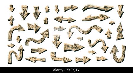Frecce impostate. Segni dei puntatori di disegno pastello per il collage. Illustrazione degli elementi di raccolta disegnati a mano vettoriale. Illustrazione Vettoriale