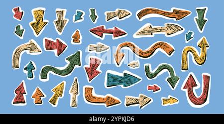Set collage di frecce indicatori di disegno pastello isolati. Segni colorati del percorso di navigazione. Cartelli di carta per scarabocchi. Illustrazione vettoriale disegnata a mano Illustrazione Vettoriale