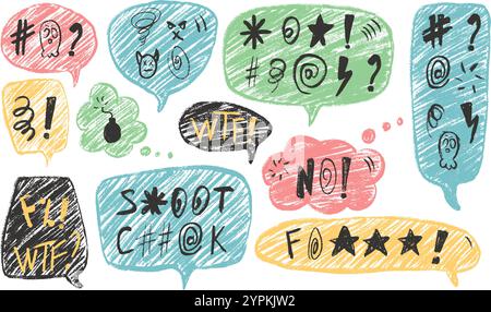 Bolle di voce con simboli giurati parole. Testo per i doodle del pastello maledetto. Espressione bulling errata nelle finestre di dialogo di chat. Parole d'ordine aggressive isolate su sfondo bianco. Segnali di odiatori. Illustrazione vettoriale Illustrazione Vettoriale