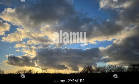 Un'immagine ampia raffigura un cielo per lo più nuvoloso al tramonto. Dominano nuvole grigie e scure, con nuvole giallastre più chiare visibili vicino all'orizzonte. Silhouette Foto Stock