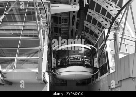 B&W Una funivia che lascia la stazione Pavillon (2173 m) della Skyway Monte bianco per raggiungere Punta Helbronner (3466 m), Courmayeur, Valle d'Aosta, Italia Foto Stock