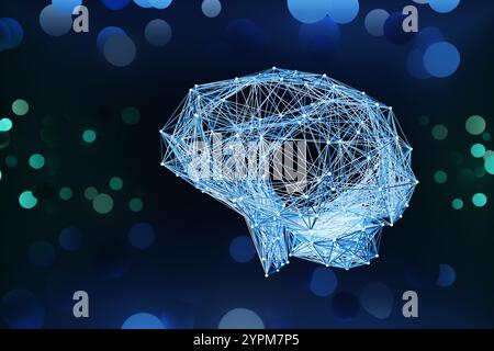 Plesso di linee e punti blu brillanti che si interconnettono tra loro formando la forma del cervello umano su sfondo scuro. Intelligenza artificiale (ai) Foto Stock