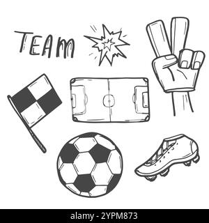 Set scarabocchi da calcio. Schizzi effetto matita da calcio. Tema calcio europeo elementi sportivi. Calcio francese. Campionato di calcio. Scarabocchi di calcio. B Illustrazione Vettoriale