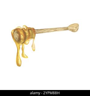 Immersione in legno con acquerello dolce fresco al miele. Elemento isolato disegnato a mano, etichetta aziendale apicoltura, imballaggio di prodotti agricoli ecologici, poster Foto Stock