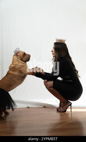 Una donna con un vestito nero si inginocchierà accanto a un cane che indossa una tiara. La donna sta tenendo la zampa del cane e il cane la sta guardando. Lo scen Foto Stock