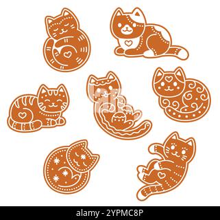 Set di carini biscotti di gatto di pan di zenzero. Semplici e adorabili scarabocchi disegnati a mano. Illustrazione del vettore natalizio. Illustrazione Vettoriale