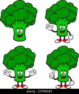 Set di caratteri per broccoli 01, illustrazioni vettoriali disegnate a mano, isolate su sfondo trasparente Illustrazione Vettoriale