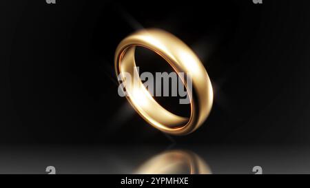 Anello luminoso dorato sul rendering 3d della superficie a specchio Foto Stock