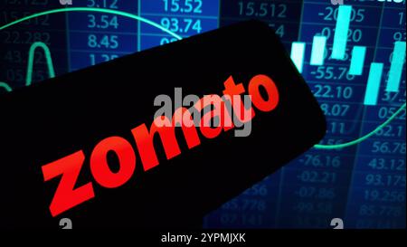 Konskie, Polonia - 30 novembre 2024: Logo della società Zomato visualizzato sul cellulare Foto Stock