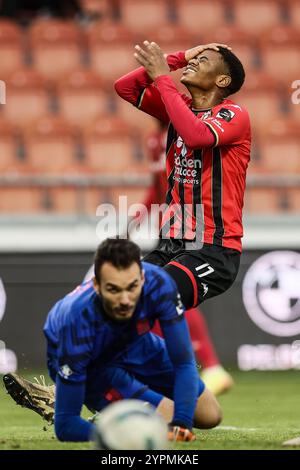 Seraing, Belgio. 1 dicembre 2024. Matthieu Muland Kayij di Seraing reagisce durante una partita di calcio tra RFC Seraing e RWD Molenbeek, a Seraing, il giorno 13 del 2024-2025 'Challenger Pro League' 1B seconda divisione del campionato belga, domenica 01 dicembre 2024. BELGA PHOTO BRUNO FAHY credito: Belga News Agency/Alamy Live News Foto Stock