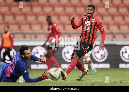 Seraing, Belgio. 1 dicembre 2024. Matthieu Muland Kayij di Seraing reagisce durante una partita di calcio tra RFC Seraing e RWD Molenbeek, a Seraing, il giorno 13 del 2024-2025 'Challenger Pro League' 1B seconda divisione del campionato belga, domenica 01 dicembre 2024. BELGA PHOTO BRUNO FAHY credito: Belga News Agency/Alamy Live News Foto Stock