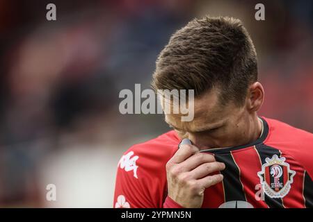 Seraing, Belgio. 1 dicembre 2024. Nils Schouterden di Seraing sembra sgretolato durante una partita di calcio tra RFC Seraing e RWD Molenbeek, a Seraing, il giorno 13 del 2024-2025 'Challenger Pro League' 1B seconda divisione del campionato belga, domenica 01 dicembre 2024. BELGA PHOTO BRUNO FAHY credito: Belga News Agency/Alamy Live News Foto Stock