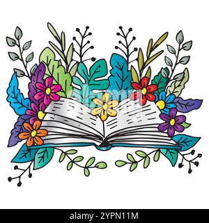 Libro con fiori e foglie. Illustrazione vettoriale in stile doodle. Illustrazione Vettoriale