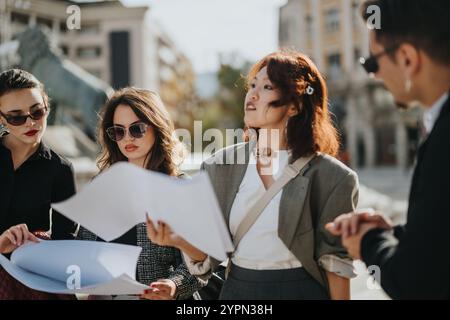 Gruppo di uomini d'affari che discutono di piani all'aperto Foto Stock