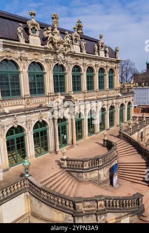 Dettagli architettonici negli spazi pubblici del palazzo Zwinger, Dresda, Germania Foto Stock