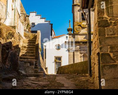 Splendido vicolo acciottolato nel centro storico di Porto, con tipiche case bianche e monumenti in pietra, il Portogallo Foto Stock