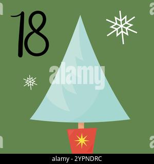 Calendario dell'avvento natalizio con albero di Natale e fiocco di neve. giorno del 18 dicembre. Illustrazione piatta vettoriale Illustrazione Vettoriale