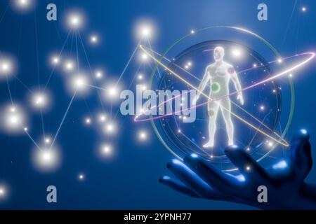 Una rappresentazione digitale di una forma umana all'interno di una sfera luminosa, concetto di tecnologia medica. rendering 3d. Foto Stock