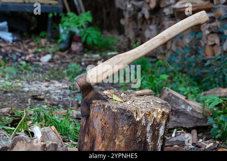 L'ascia si è bloccata su un tronco di legno. Raccolta di legna da ardere per l'inverno per il caminetto. Foto Stock