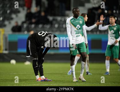 Eupen, Belgio. 1 dicembre 2024. Hady Camara di RAAL reagisce durante una partita di calcio tra KAS Eupen e RAAL la Louviere, a Eupen, il giorno 13 della 2024-2025 'Challenger Pro League' 1B seconda divisione del campionato belga, domenica 01 dicembre 2024. BELGA FOTO JOHN THYS credito: Belga News Agency/Alamy Live News Foto Stock