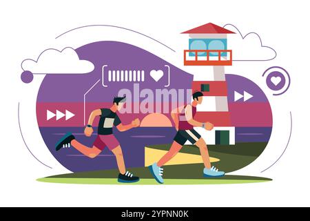 Caratteri in esecuzione. Atleti in divise sportive, maratona cittadina. Competizione sportiva, jogging maschile. Runner atletici. Contesto di stile di vita sano. Vettore Illustrazione Vettoriale