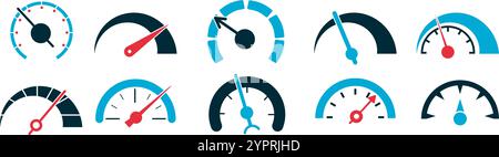 Icone infografiche dell'indicatore del livello di velocità. Illustrazione vettoriale isolata del set di manometri del tachimetro a colori per la misurazione della velocità limite Illustrazione Vettoriale