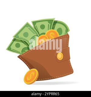 Portafoglio marrone con banconote e monete da dollaro verde su sfondo bianco. Elemento di design aziendale e di supporto. Illustrazione Vettoriale