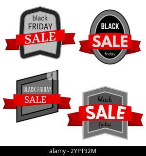 Set di quattro distintivi Black friday con nastro rosso su sfondo bianco. Illustrazione vettoriale Illustrazione Vettoriale