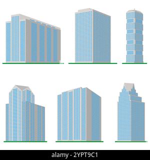 Si compone di sei alti e moderni edifici su sfondo bianco. Vista dell'edificio dal basso. Illustrazione vettoriale isometrica. Illustrazione Vettoriale
