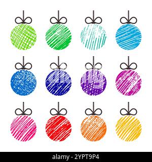 Palle di natale disegnate a mano. Set di dodici palline natalizie colorate isolate su sfondo bianco. Elementi per le vacanze invernali. Illustrati vettoriali Illustrazione Vettoriale
